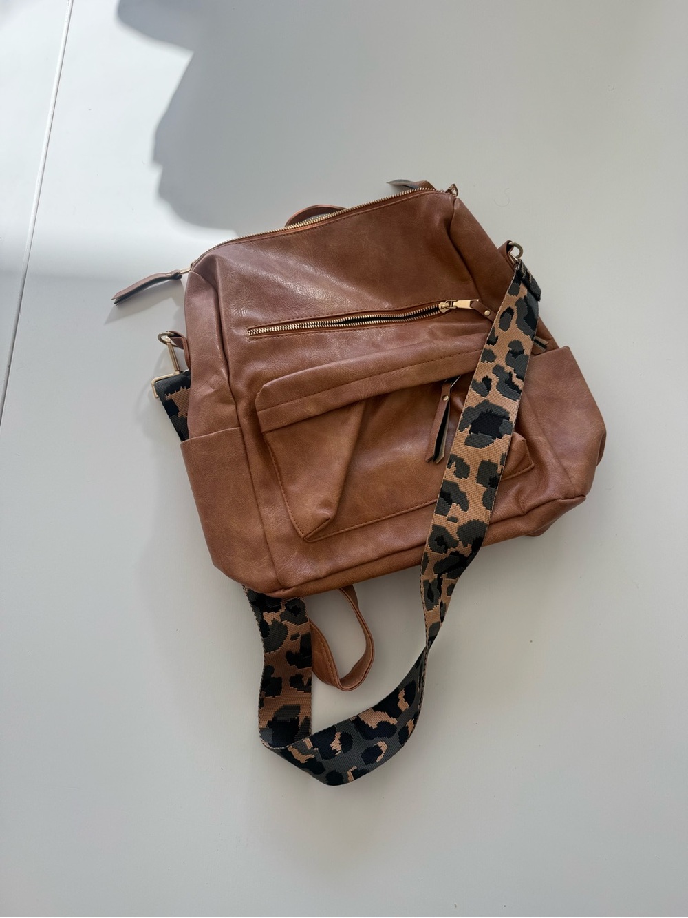 Classic Brown Faux Leather Backpack with Leopard Strap